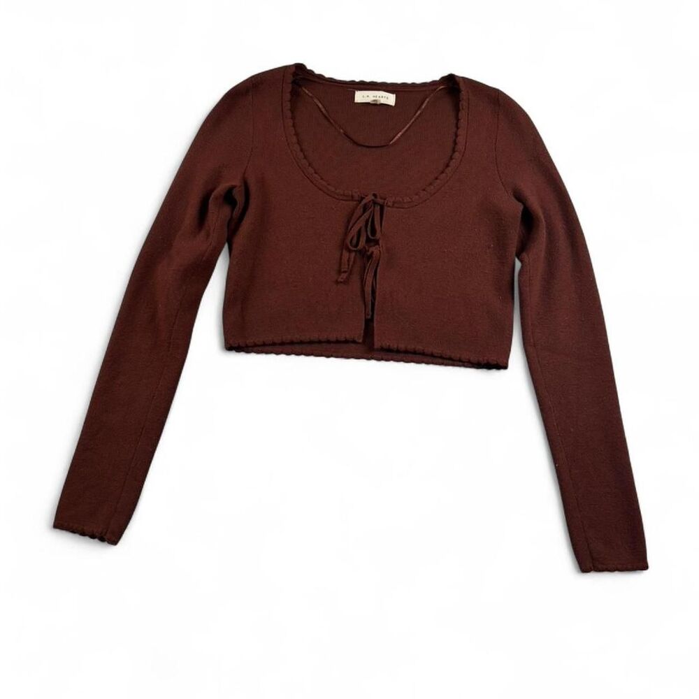 LA Hearts Brown Tie Front Crop Top Women's XS Long Sleeve Lettuce Trim